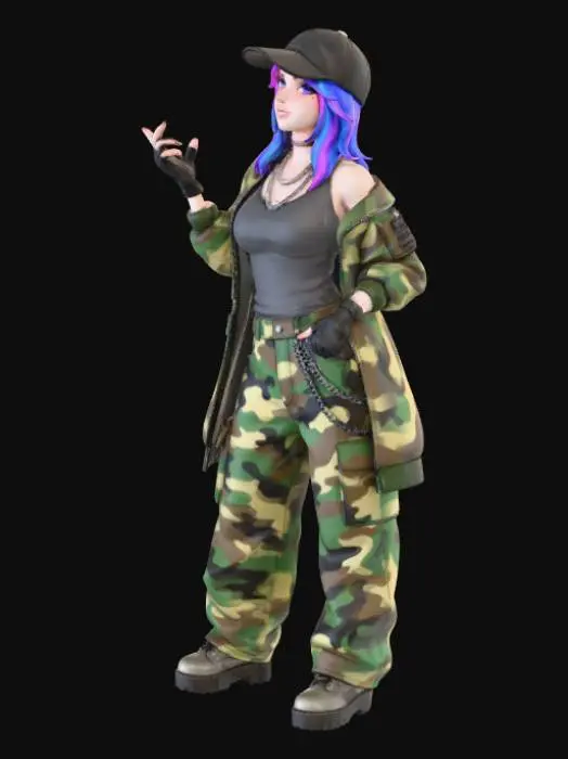 3D model for copia al personaje de anime,  usa colores militares  y poses de modelo  pantalon y accesorios ,  los pechos medianos. usa ropa de estilo baggy femenino . estilo de cabello igual a la imagen. sin armas. chamarra larga y abierta tipo limitar. guantes. todo el personaje debe caber en la imagen mostrando desde la cabeza hasta los pies. poses de audacia. pero femeninas. la blusa pegada al cuero por dejabo de la chamarra. poses militares. en distintos colores la ropa pero con estampado camo