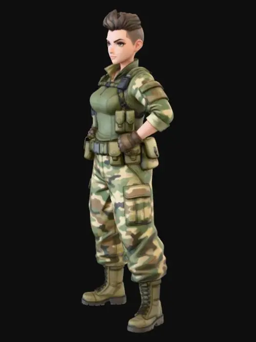 3D model for copia al personaje de anime,  usa colores militares  y poses de modelo  pantalon y accesorios , . usa ropa de estilo baggy . estilo de cabello igual a la imagen. sin armas.  tipo limitar. guantes. todo el personaje debe caber en la imagen mostrando desde la cabeza hasta los pies. poses de audacia. pero femeninas. la camisa pegada al cuero . poses militares. en distintos colores la ropa pero con estampado camo