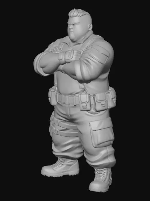 3D model for copia al personaje de anime,  usa colores militares  y poses de modelo  pantalon y accesorios , . usa ropa de estilo baggy . estilo de cabello igual a la imagen. sin armas.  tipo limitar. guantes. todo el personaje debe caber en la imagen mostrando desde la cabeza hasta los pies. poses de audacia. la camisa pegada al cuero . poses militares. en distintos colores la ropa pero con estampado camo sin lentes