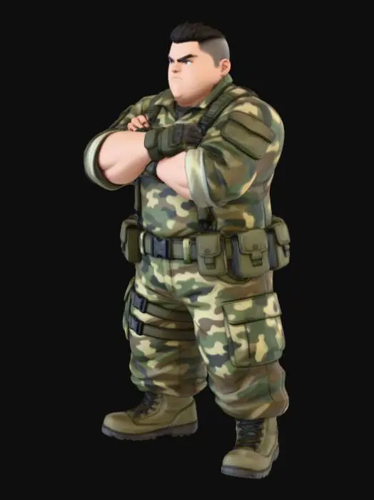 3D model for copia al personaje de anime,  usa colores militares  y poses de modelo  pantalon y accesorios , . usa ropa de estilo baggy . estilo de cabello igual a la imagen. sin armas.  tipo limitar. guantes. todo el personaje debe caber en la imagen mostrando desde la cabeza hasta los pies. poses de audacia. la camisa pegada al cuero . poses militares. en distintos colores la ropa pero con estampado camo sin lentes