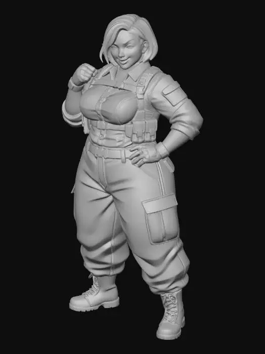 3D model for copia al personaje de anime, usa colores militares y poses de modelo pantalon y accesorios , . usa ropa de estilo baggy . estilo de cabello igual a la imagen. sin armas. tipo limitar. guantes. todo el personaje debe caber en la imagen mostrando desde la cabeza hasta los pies. poses de audacia. pero femeninas. la camisa pegada al cuero . poses militares. en distintos colores la ropa pero con estampado camo