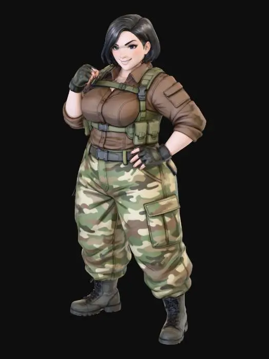 3D model for copia al personaje de anime, usa colores militares y poses de modelo pantalon y accesorios , . usa ropa de estilo baggy . estilo de cabello igual a la imagen. sin armas. tipo limitar. guantes. todo el personaje debe caber en la imagen mostrando desde la cabeza hasta los pies. poses de audacia. pero femeninas. la camisa pegada al cuero . poses militares. en distintos colores la ropa pero con estampado camo
