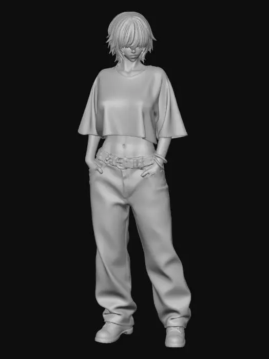 3D model for usa el rostro de la segunda foto.copia al personaje de anime,  usa colores   y poses de modelo  todo el cuerpo en una imagen. desde el pantalon hasta los accesorios , usa jeans al estilo americano los pechos bellos. mostrar el cuerpo  usa ropa de estilo baggy femenino . estilo de cabello despeinado  . no gorra. no accesorios en cabeza. no logos, tops shorts like sport toma su cort3 de cabello