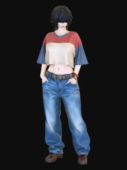 3D model for usa el rostro de la segunda foto.copia al personaje de anime,  usa colores   y poses de modelo  todo el cuerpo en una imagen. desde el pantalon hasta los accesorios , usa jeans al estilo americano los pechos bellos. mostrar el cuerpo  usa ropa de estilo baggy femenino . estilo de cabello despeinado  . no gorra. no accesorios en cabeza. no logos, tops shorts like sport toma su cort3 de cabello