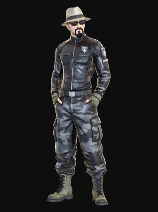 3D model for has un convierte  el rostro de la foto  alpersonaje de anime,  usa colores militares  y poses de modelo  pantalon y accesorios , usa ropa de estilo baggy  estilo de cabello igual a la imagen. sin armas.  tipo limitar. guantes. todo el personaje debe caber en la imagen mostrando desde la cabeza hasta los pies. poses de audacia. pero femeninas. la blusa pegada al cuero. poses militares.ropa pero con estampado camo en color negro. y con armamento o traje swat