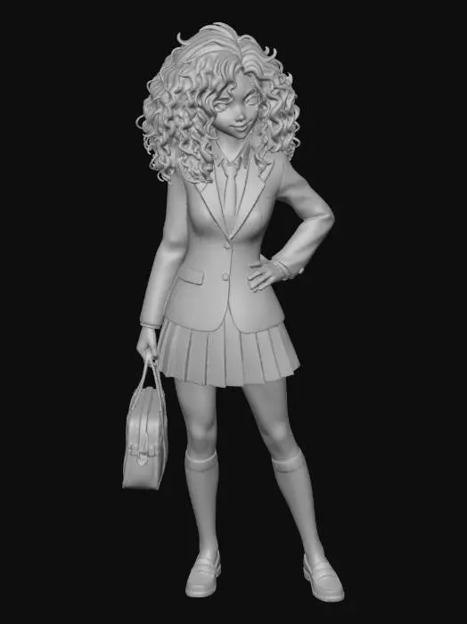 3D model for copia el personaje de anime. con su respectiva ropa escolar. con falda estilo japones  y una pose escolar calsetas hasta la rodila la falda corta animacion estilo tradicional anime. no chibi. modelo tipo 3D listo para render.