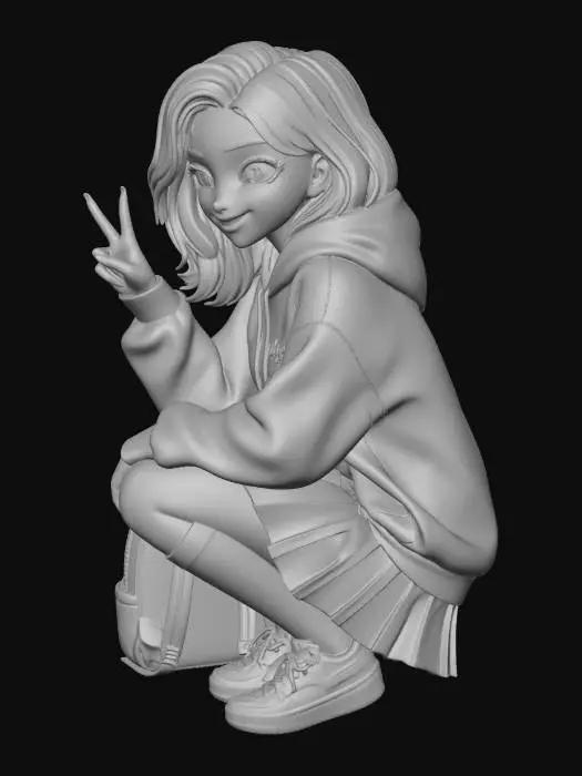 3D model for toma la imagen transformala en un personaje de anime. con su respectiva ropa escolar. con falda y hoddie. con la mochila en el suelo. y una pose en cuclillas. tenis y calsetas hasta la rodila la falda corta
