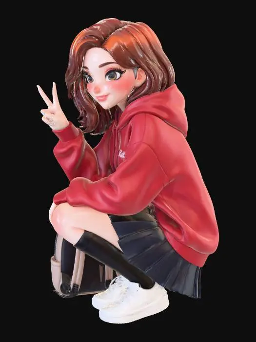 3D model for toma la imagen transformala en un personaje de anime. con su respectiva ropa escolar. con falda y hoddie. con la mochila en el suelo. y una pose en cuclillas. tenis y calsetas hasta la rodila la falda corta