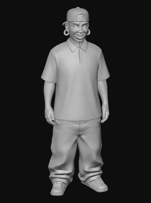 3D model for Toma como referencia la foto. Convierte a la persona en un personaje estilo anime . estilo cholo.  y jeans  baggy que cubra suss piess . sin lentes.  . estilo  ganster. . tenis addidass. camiseta polo. quita el celular de su rostro y toma solo el rosstro con sus expansores en sus oidos.