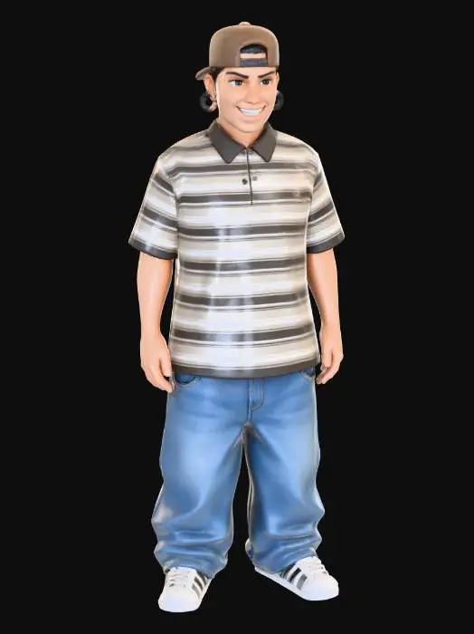 3D model for Toma como referencia la foto. Convierte a la persona en un personaje estilo anime . estilo cholo.  y jeans  baggy que cubra suss piess . sin lentes.  . estilo  ganster. . tenis addidass. camiseta polo. quita el celular de su rostro y toma solo el rosstro con sus expansores en sus oidos.