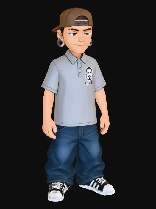 3D model for Toma como referencia la foto. Convierte a la persona en un personaje estilo anime . estilo cholo.  y jeans  baggy que cubra suss piess . sin lentes.  . estilo  ganster. . tenis addidass. camiseta polo. quita el celular de su rostro y toma solo el rosstro