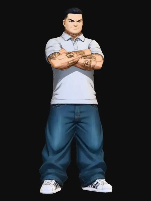 3D model for Toma como referencia la foto. Convierte a la persona en un personaje estilo anime . estilo cholo.  y jeans  baggy que cubra suss piess . sin lentes.  . estilo  ganster. has al personaje musculoso y delgado . tenis addidass. camiseta polo.