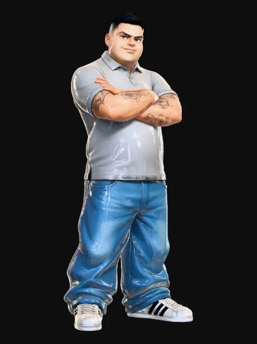 3D model for Toma como referencia la foto. Convierte a la persona en un personaje estilo anime . estilo cholo.  y jeans  baggy que cubra suss piess . sin lentes.  . estilo  ganster. has al personaje musculoso y delgado . tenis addidass. camiseta polo.