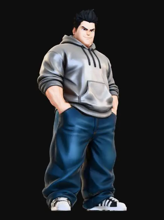 3D model for Toma como referencia la foto. Convierte a la persona en un personaje estilo anime . estilo homie.  y jeans largos estilo baggy que cubra suss piess . sin lentes.  . estilo  ganster. has al personaje musculoso y delgado . tenis addidass