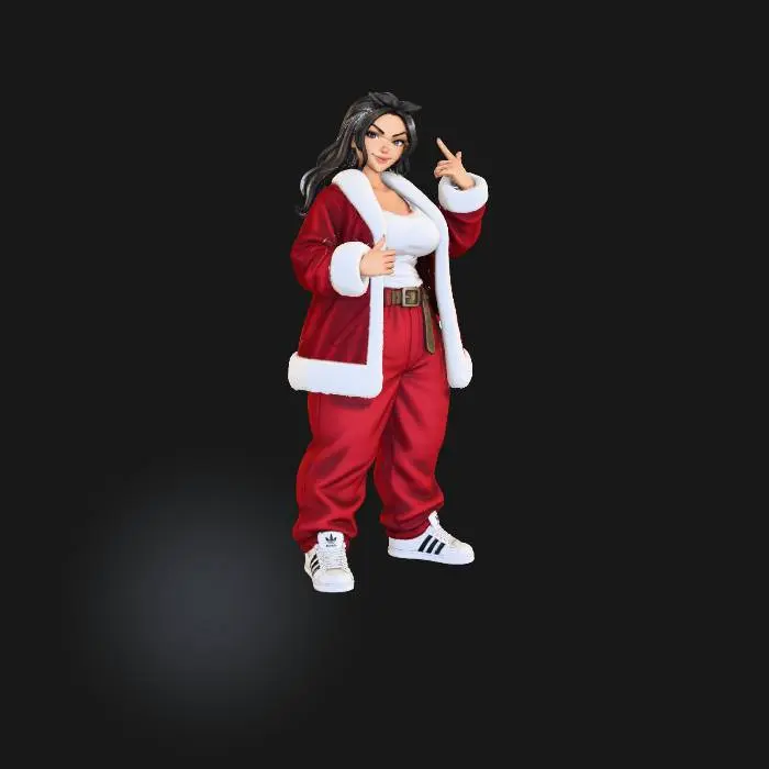 3D model for Toma como referencia la foto. Convierte a la persona en un personaje estilo anime. coserva tamaño corporal  Lo mas parecido en aspecto al 100% 
quita el arbol. poses estilo ganster. un poco rellenita tipo talla grande. . Con sus pechos copa D. Y sus caderas anchas. Con su gluteos redondos.Cuerpo completo usado traje de santa claus estilo cholo.  sin sombrero sin lentes tenis addidas.