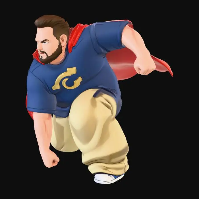 3D model for Toma como referencia la foto. Convierte a la persona en un personaje estilo anime. conserva su estatura y cuerpo. no lentes no sombrero. ropa estilo homie. cholo. con pantalones cholos. que cubran los pies. y solo la punta de los tenis salga. convertielo en un superherore. pero conservando su aspecto y talla chica . Poses de super heroe. no usar la pose de la foto. usar otras poses.
