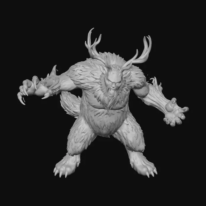 3D model for #Christmas2025#, Toma como refrencia la foto. Conviertelo en un personaje de anime. como el personaje krampus. con un cuerpo gigantesco. brazos de madera y colmillos gigantes. piernas como de lobo. en colores grises y blanco. ojos amarillos con cuernos de venado. sobre sus 2 patas, en pose de ataque. conserva el aspecto de bestia. sin lentes.