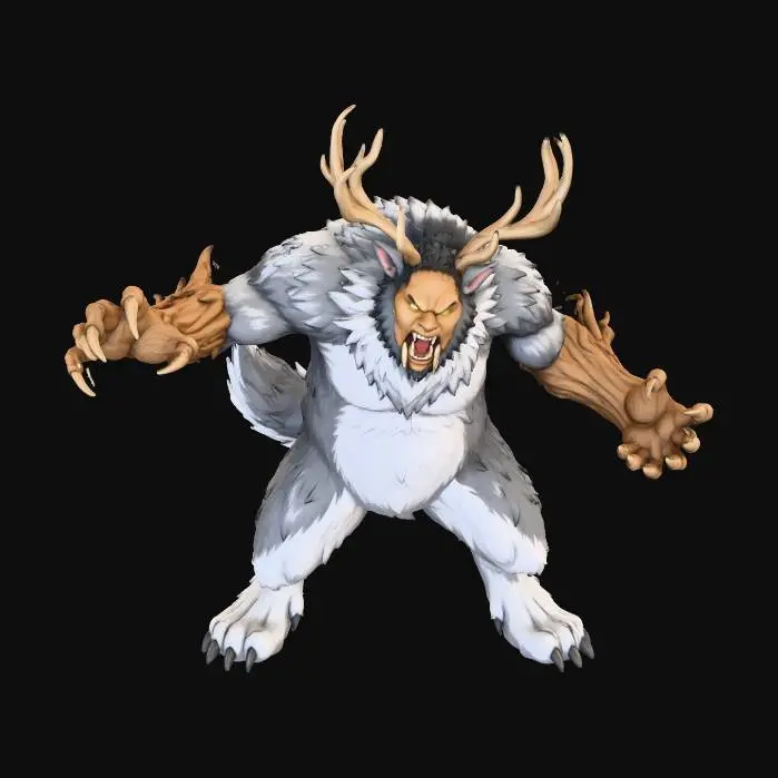3D model for #Christmas2025#, Toma como refrencia la foto. Conviertelo en un personaje de anime. como el personaje krampus. con un cuerpo gigantesco. brazos de madera y colmillos gigantes. piernas como de lobo. en colores grises y blanco. ojos amarillos con cuernos de venado. sobre sus 2 patas, en pose de ataque. conserva el aspecto de bestia. sin lentes.