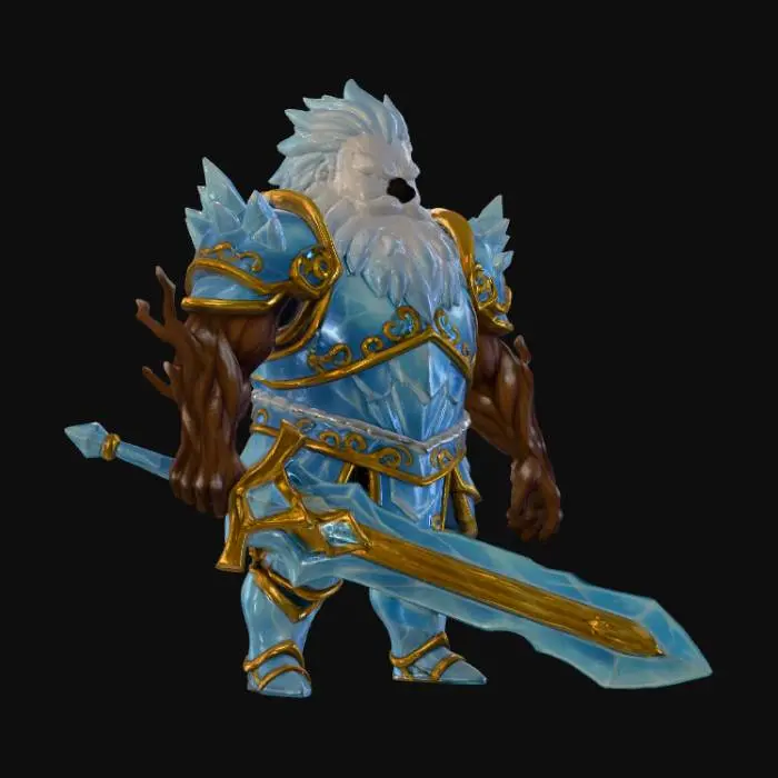 3D model for #Christmas2025#, Toma como refrencia la foto. Conviertelo en un personaje de anime. como un snowman. sin abandonar  el estilo snowman con sus brazos de rama musculosos . estilo jack frost. manten el cuerpo mediano.usar ropa de caballero. hacer el modelo con apariencia de guardia. Con barba. Usar nieve y hielo para el cabello . Ojos blancos. Con su nariz de carbon. Vistiendo como un caballero con arma  hecha de hielo y oro