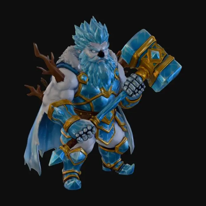 3D model for #Christmas2025#, Toma como refrencia la foto. Conviertelo en un personaje de anime. como un snowman. sin abandonar  el estilo snowman con sus brazos de rama musculosos . estilo jack frost. manten el cuerpo mediano.usar ropa de caballero. hacer el modelo con apariencia de guardia. Con barba. Usar nieve y hielo para el cabello . Ojos blancos. Con su nariz de carbon. Vistiendo como un caballero con arma  hecha de hielo y oro