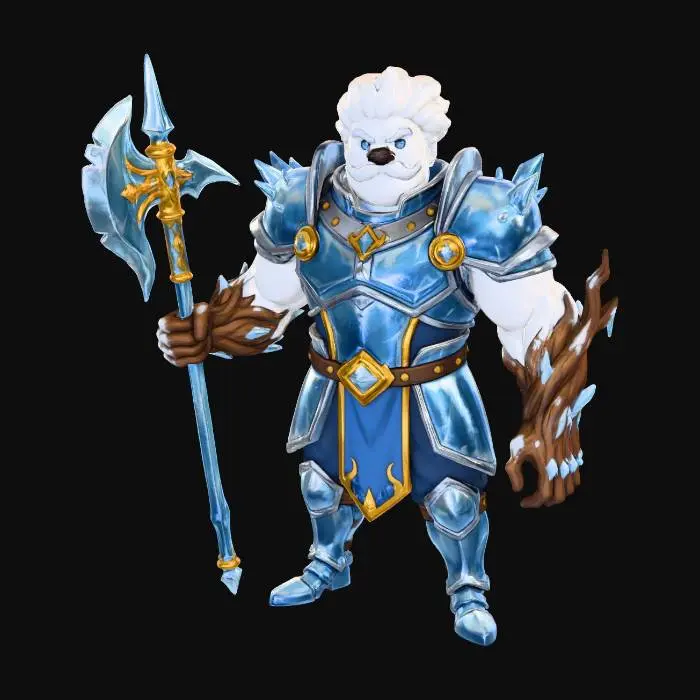 3D model for #Christmas2025#, Toma como refrencia la foto. Conviertelo en un personaje de anime. como un snowman.con sus brazos de rama musculosos . estilo jack frost. manten el cuerpo mediano.usar ropa de caballero. hacer el modelo con apariencia de guardia. Usar nieve y hielo para cabello y bigote. Ojos azuled. Con su nariz de carbon. Vistiendo como un caballero con arma  hecha de hielo y oro. No espada. No martillo. Usar otras armad. Personaje alto y musculoso. Solo bigote no barba usando armadura. Mostrar cuerpo completo.