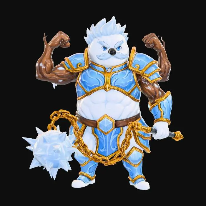 3D model for #Christmas2025#, Toma como refrencia la foto. Conviertelo en un personaje de anime. como un snowman.con sus brazos de rama musculosos . estilo jack frost. manten el cuerpo mediano.usar ropa de caballero. hacer el modelo con apariencia de guardia. Usar nieve y hielo para cabello y bigote. Ojos azuled. Con su nariz de carbon. Vistiendo como un caballero con arma  hecha de hielo y oro. No espada. No martillo. Usar otras armad. Personaje alto y musculoso. Solo bigote no barba usando armadura. Mostrar cuerpo completo.