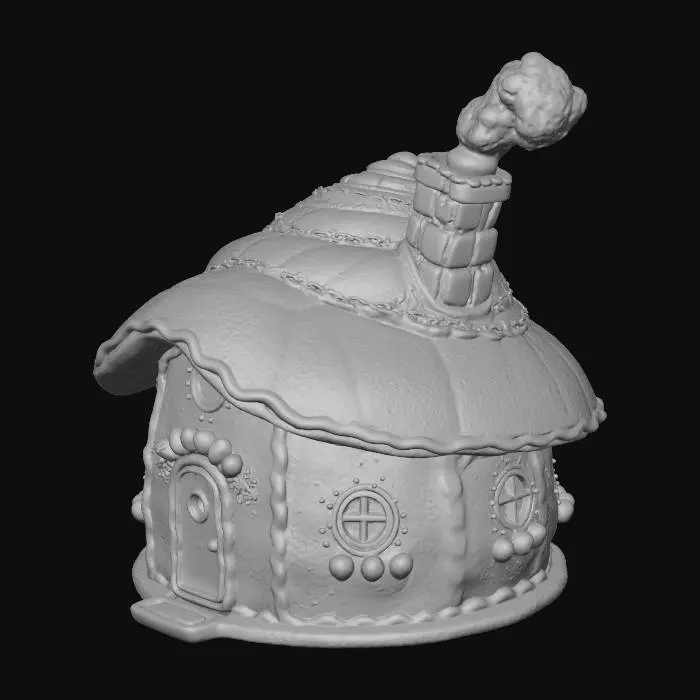 3D model for #Christmas2025#, una choza de genjibre. hecha de pan. y bordes de icing. tambien hazla en forma redonda. como la casa de los pitufos. con puerta y ventanas. una chimenea que sobre salga en el techo. el techo en forma de concha. en colores de pan.