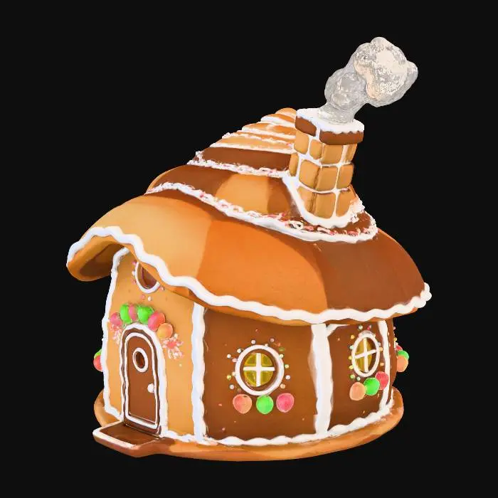3D model for #Christmas2025#, una choza de genjibre. hecha de pan. y bordes de icing. tambien hazla en forma redonda. como la casa de los pitufos. con puerta y ventanas. una chimenea que sobre salga en el techo. el techo en forma de concha. en colores de pan.