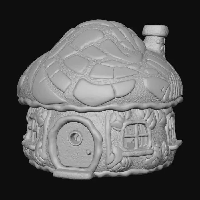 3D model for #Christmas2025#, una choza de genjibre. hecha de pan. y bordes de icing. tambien hazla en forma redonda. como la casa de los pitufos. con puerta y ventanas. una chimenea que sobre salga en el techo. el techo en forma de concha de pan mexicana. en colores de pan.