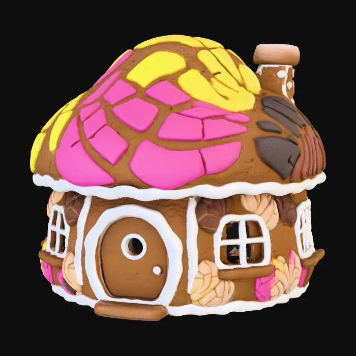 3D model for #Christmas2025#, una choza de genjibre. hecha de pan. y bordes de icing. tambien hazla en forma redonda. como la casa de los pitufos. con puerta y ventanas. una chimenea que sobre salga en el techo. el techo en forma de concha de pan mexicana. en colores de pan.