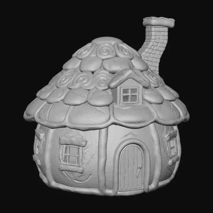 3D model for #Christmas2025#, una choza de genjibre. hecha de pan. y bordes de icing. tambien hazla en forma redonda. como la casa de los pitufos. con puerta y ventanas. una chimenea que sobre salga en el techo. el techo en forma de concha. en colores de pan.
