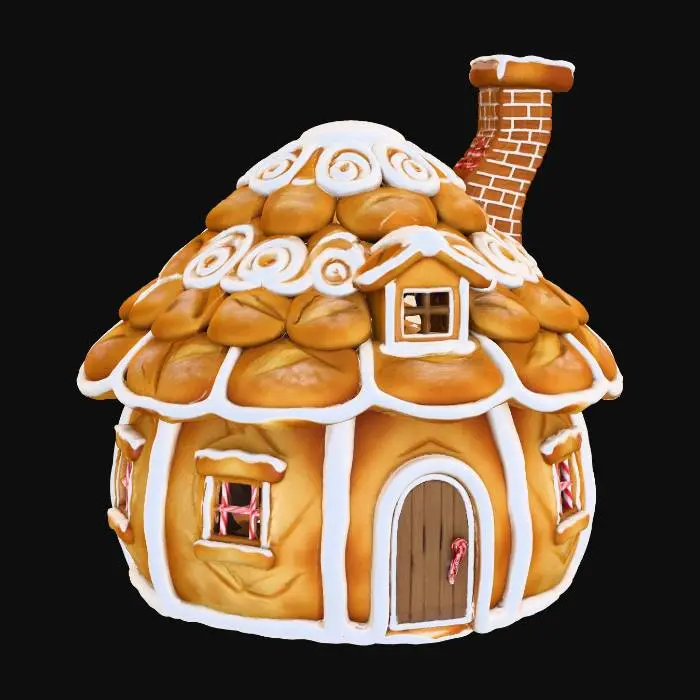3D model for #Christmas2025#, una choza de genjibre. hecha de pan. y bordes de icing. tambien hazla en forma redonda. como la casa de los pitufos. con puerta y ventanas. una chimenea que sobre salga en el techo. el techo en forma de concha. en colores de pan.