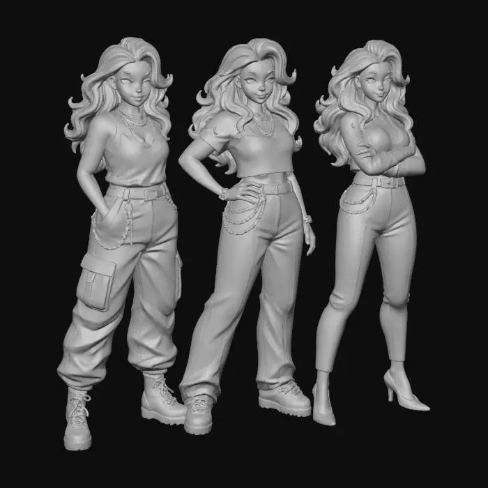 3D model for copia  al personaje de  anime, ,sin el arbol . usa colores y poses de modelo de revista sin usar poses con los dedos. todo el cuerpo en una imagen. estilo casual. desde el pantalon hasta los accesorios cadenas , los pechos en copa DD. mostrar el cuerpo entero en la imagen. personaje . no usar gorra. solo el cabello de distinto color. en distintas poses. y ropa de noche