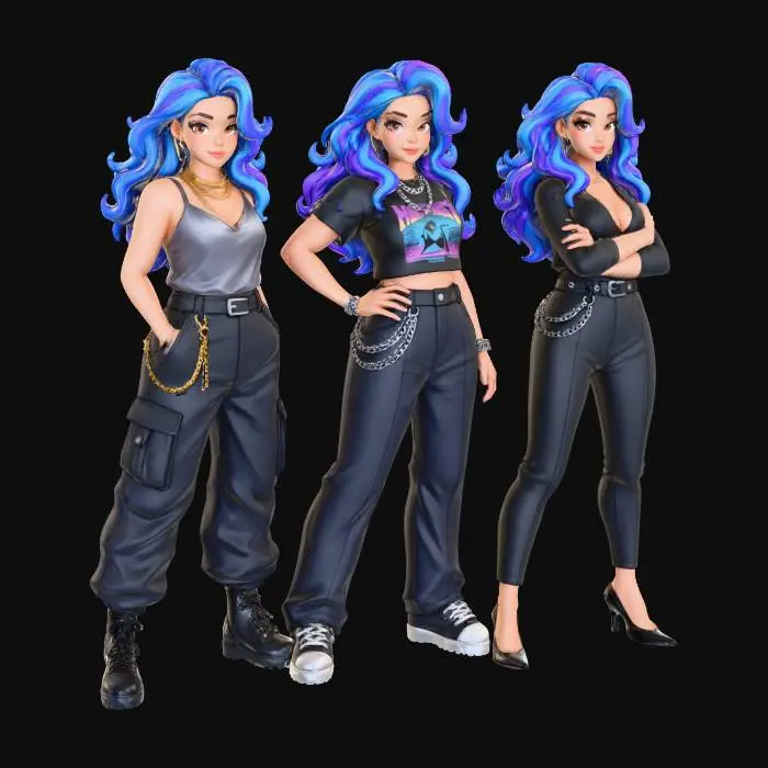 3D model for copia  al personaje de  anime, ,sin el arbol . usa colores y poses de modelo de revista sin usar poses con los dedos. todo el cuerpo en una imagen. estilo casual. desde el pantalon hasta los accesorios cadenas , los pechos en copa DD. mostrar el cuerpo entero en la imagen. personaje . no usar gorra. solo el cabello de distinto color. en distintas poses. y ropa de noche
