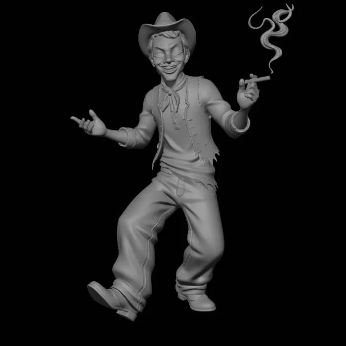 3D model for convierte la siguiente imagen en un personaje de anime respeta su ropa. cambia pose. conviertelo aun estilo muy anime  pero que se paresca 100% a la persona quita el papel de su mano
agrega un cigarro en su mano respeta su sombrero.  y estilo de ropa.