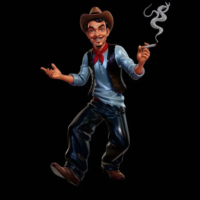 3D model for convierte la siguiente imagen en un personaje de anime respeta su ropa. cambia pose. conviertelo aun estilo muy anime  pero que se paresca 100% a la persona quita el papel de su mano
agrega un cigarro en su mano respeta su sombrero.  y estilo de ropa.