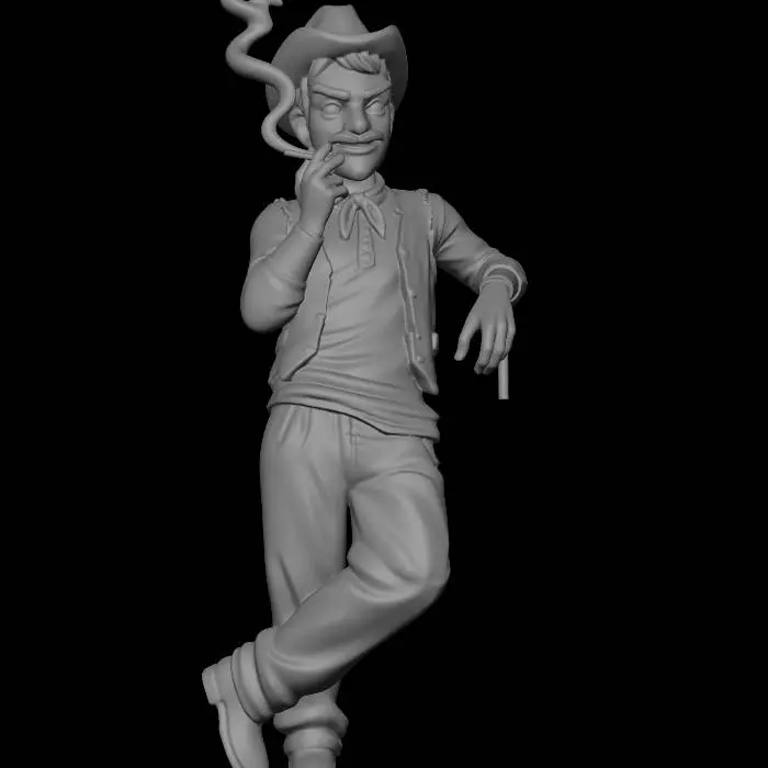 3D model for convierte la siguiente imagen en un personaje de anime respeta su ropa. cambia pose. conviertelo aun estilo muy anime  pero que se paresca 100% a la persona quita el papel de su mano
agrega un cigarro en su mano respeta su sombrero.  y estilo de ropa.