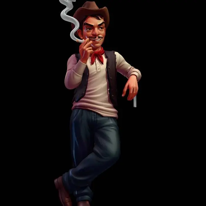 3D model for convierte la siguiente imagen en un personaje de anime respeta su ropa. cambia pose. conviertelo aun estilo muy anime  pero que se paresca 100% a la persona quita el papel de su mano
agrega un cigarro en su mano respeta su sombrero.  y estilo de ropa.