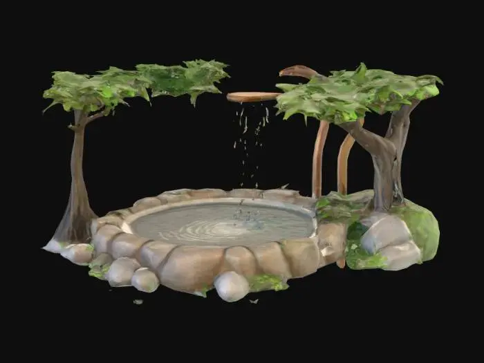 3D model for Dirt With Hot Bath, Water In The Hot Tub, A Soft Leaf Into the Rock in the Ground and Top, Tree With Shower Head