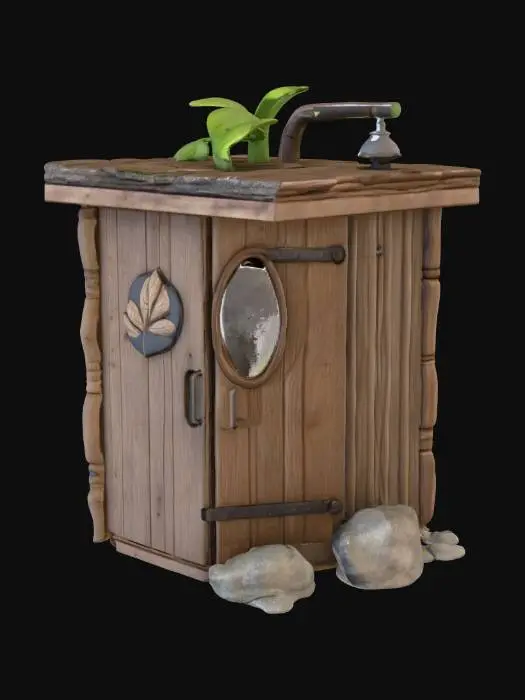 3D model for Wood Made Of Outhouse, A Door Made In Wood,  Leaf, A Rock With Mirror, A Soft Leaf Into the Rock in the Ground and Top,  Wood Made Is Down stars, Wood Made Of Shower Head
