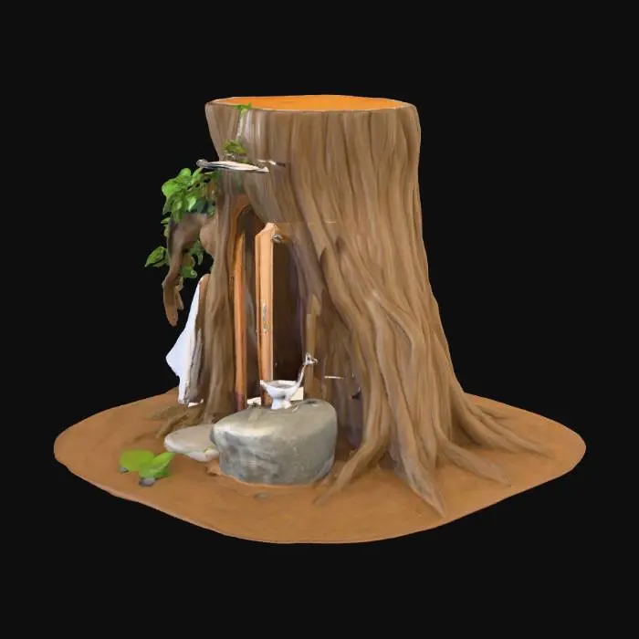 3D model for Tree With Shower,  Water In The Shower, A Door Made In Wood, Tree Towel Made In Soft Leaf, A Rock With An Toothbrush An Mirror, a Water in the Ground, A Soft Leaf Into the Rock in the Ground and Top,