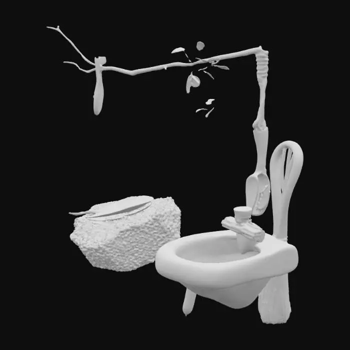 3D model for A Wood With An Toothbrush An Mirror, A Soft Leaf In The  Ground, Rock With Chair, Water Sink With Dirt, Soap With Water