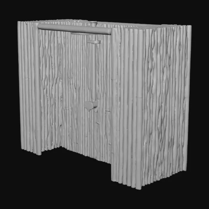 3D model for A rustic bamboo shower stall, constructed from slender, light brown bamboo poles with natural knots, featuring a simple dark metallic lever for water control. Adjacent is a changing room, equally crafted from closely spaced bamboo, alongside tall trees whose lush, vibrant green foliage forms a natural, dense canopy overhead. The bamboo surfaces appear smooth yet tactilely textured, conveying an organic, weathered quality.