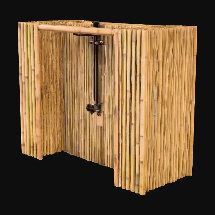 3D model for A rustic bamboo shower stall, constructed from slender, light brown bamboo poles with natural knots, featuring a simple dark metallic lever for water control. Adjacent is a changing room, equally crafted from closely spaced bamboo, alongside tall trees whose lush, vibrant green foliage forms a natural, dense canopy overhead. The bamboo surfaces appear smooth yet tactilely textured, conveying an organic, weathered quality.