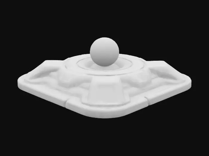 3D model for A futuristic abstract sci-fi display base with sleek metallic surfaces, glowing neon accents (blue and purple), and floating geometric panels. The base has an energy core in the center emitting a soft, pulsating light, with holographic interfaces projected above it. Surroundings are minimalistic with a dark, high-tech environment and a misty glow effect. The design should feel otherworldly, advanced, and elegant, with sharp edges and flowing curves blending together.