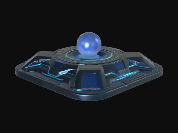 3D model for A futuristic abstract sci-fi display base with sleek metallic surfaces, glowing neon accents (blue and purple), and floating geometric panels. The base has an energy core in the center emitting a soft, pulsating light, with holographic interfaces projected above it. Surroundings are minimalistic with a dark, high-tech environment and a misty glow effect. The design should feel otherworldly, advanced, and elegant, with sharp edges and flowing curves blending together.