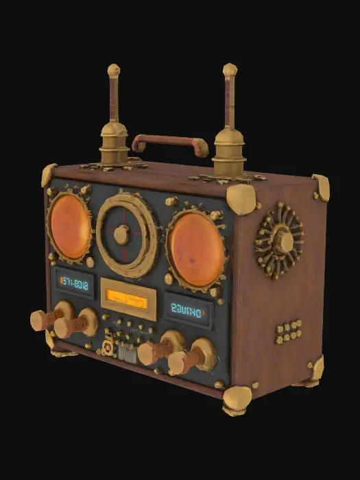3D model for A Steampunk inspired handheld computer. I has several knobs and dials on it. There are a couple of antennas coming out of the top of it as well. 