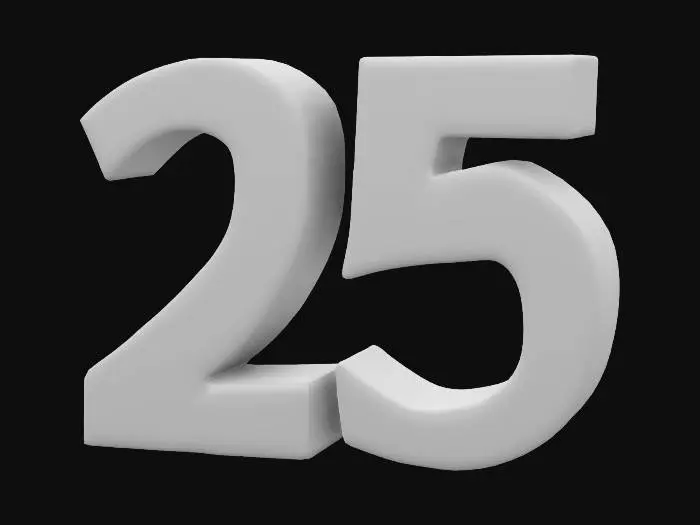 3D model for The image displays shiny, three-dimensional, red numbers "25" with a glossy, reflective texture and rounded, sculpted edges., 