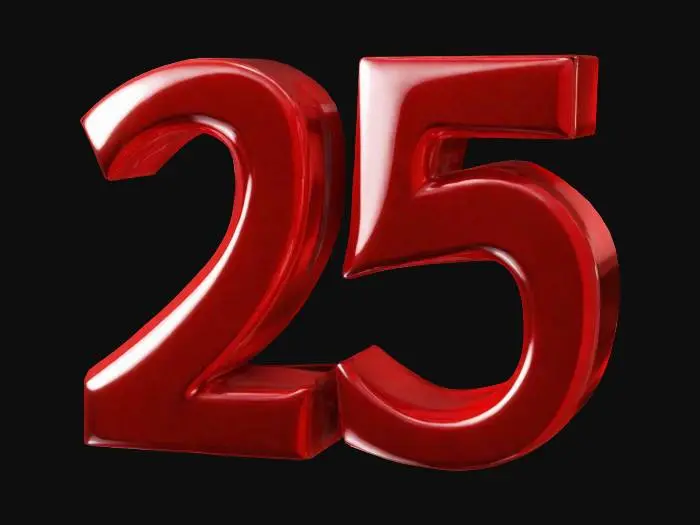 3D model for The image displays shiny, three-dimensional, red numbers "25" with a glossy, reflective texture and rounded, sculpted edges., 