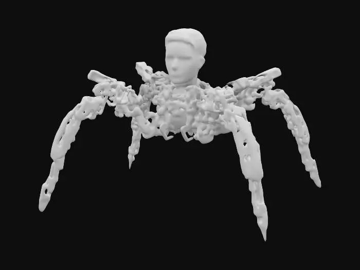 3D model for mechanical spider legs, high detail, on top of the mechanical legs is the robotic head of elon musk